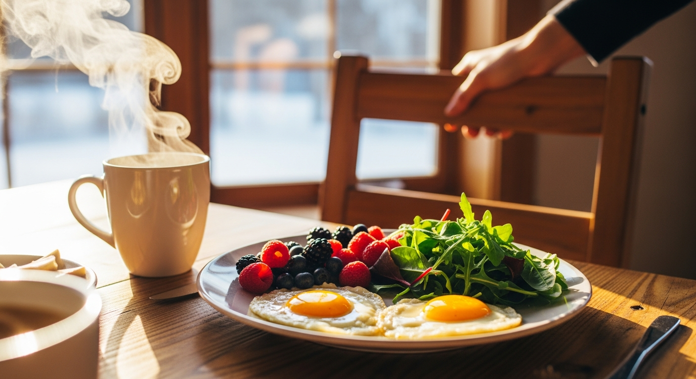 Warm breakfast scene with berries and eggs in winter light