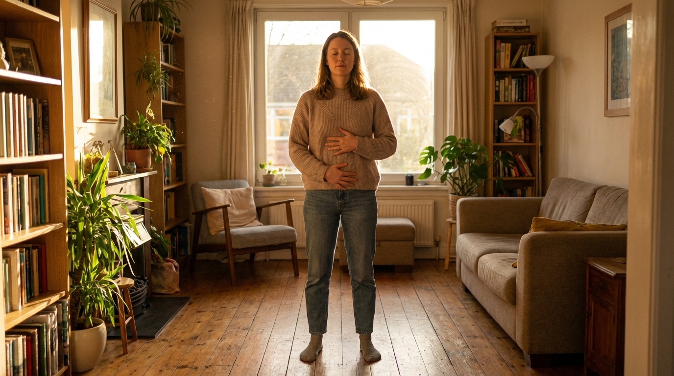 Woman breathing deeply with hand on belly