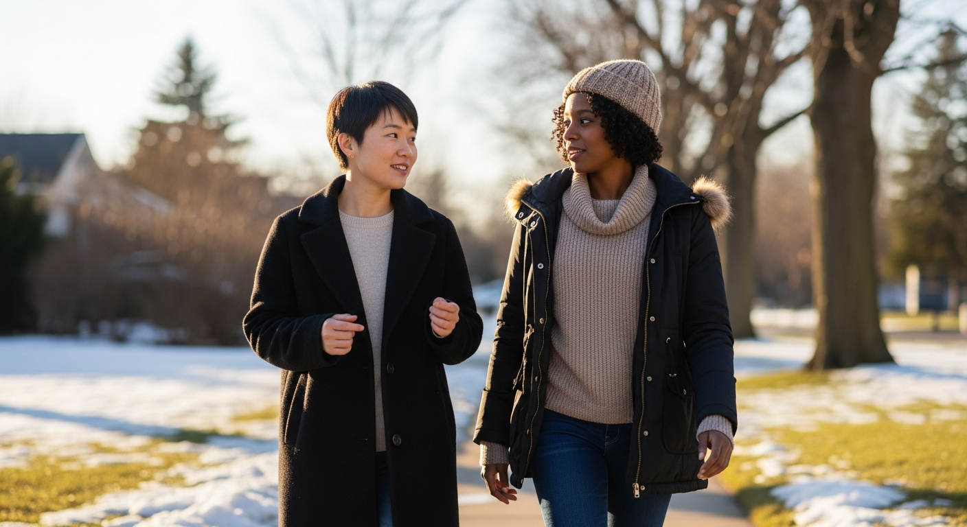 Two people on a brisk morning walk in winter light