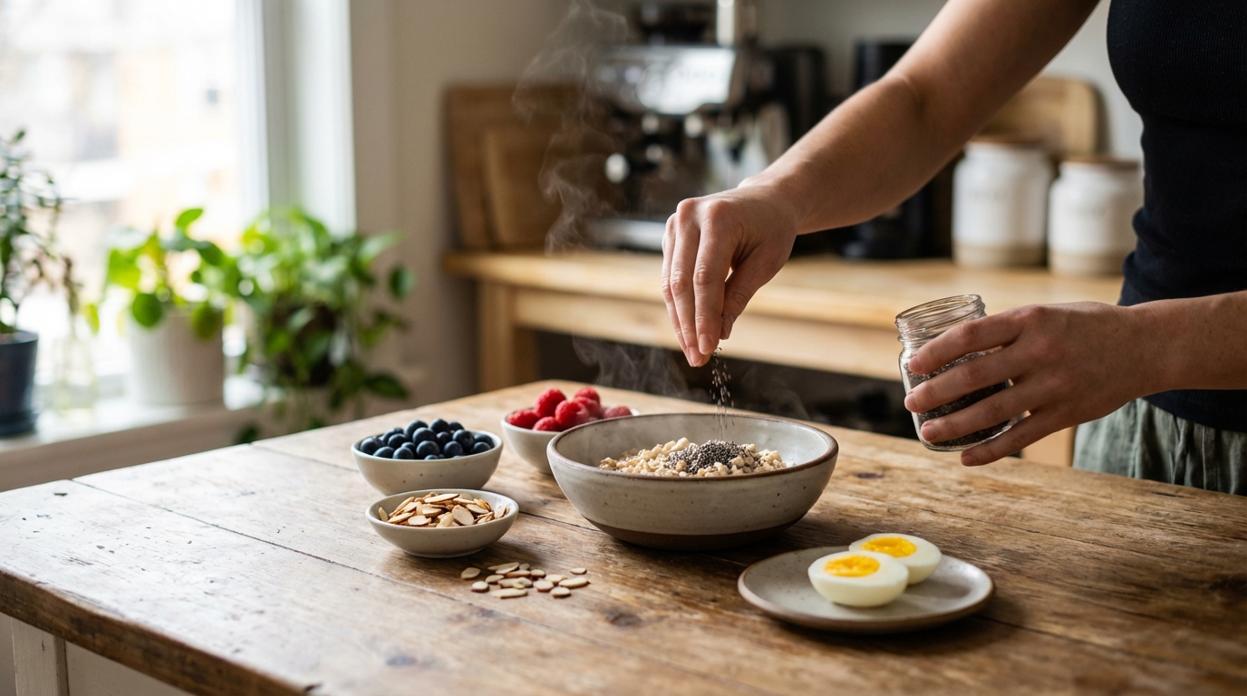 Hands adding chia seeds and berries to a warm bowl of oats in morning light