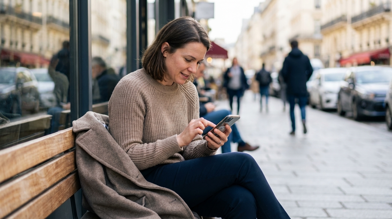 Woman marking dates on phone calendar outdoors
