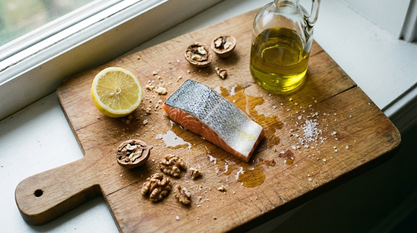 Simple whole-food fats on a cutting board in window light