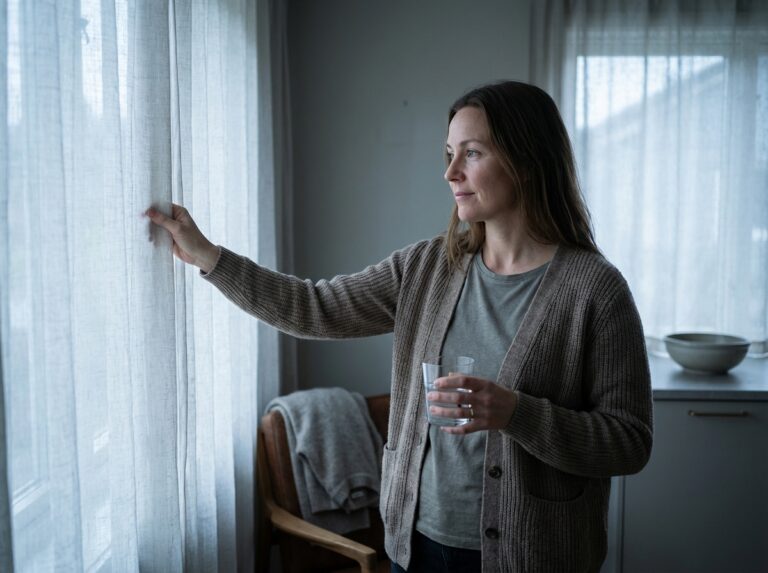 Woman opening curtains with a glass of water in soft morning light