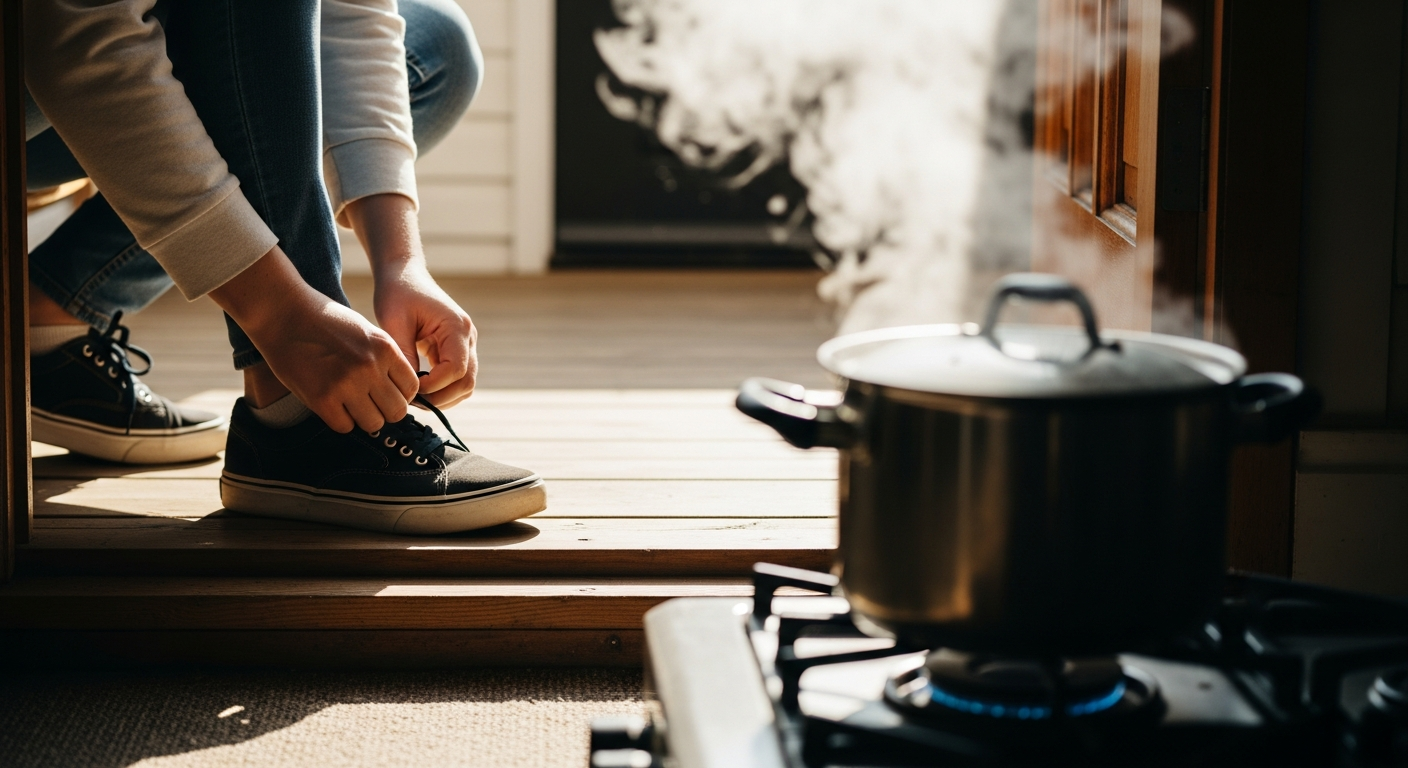 Lacing up shoes in soft morning light