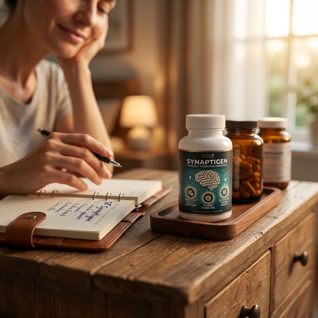 Synaptigen bottle on a nightstand beside water and a habit tracker.