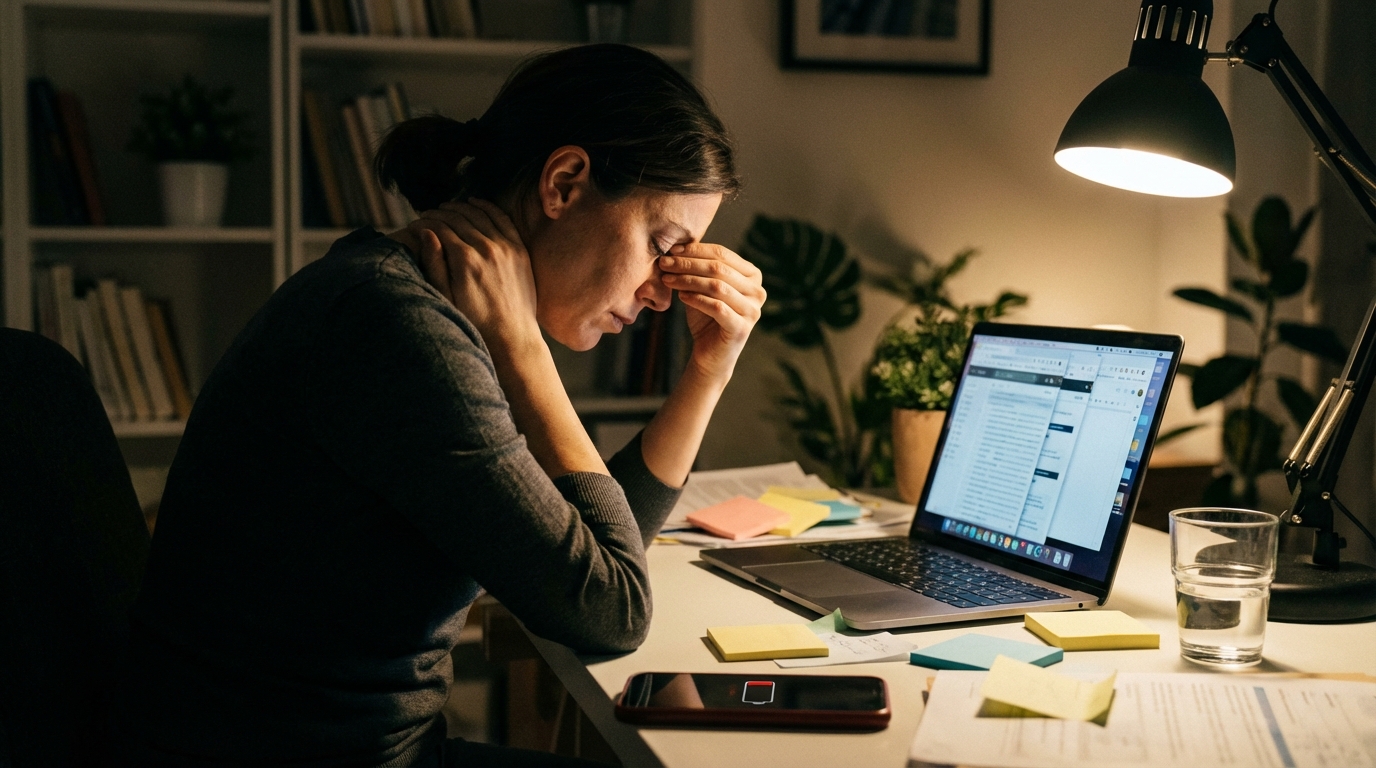Tired woman at laptop in dim room with tense posture