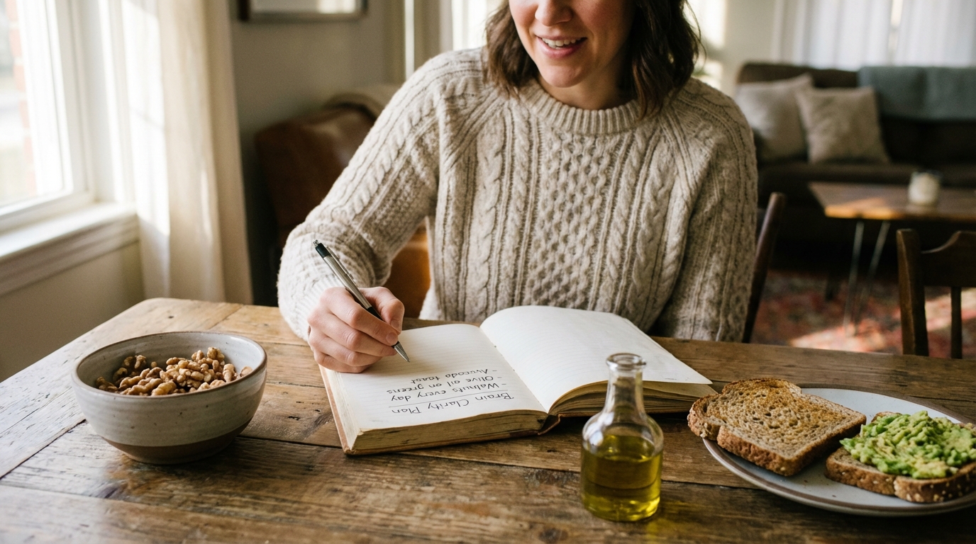Person writes a simple plan beside a plate with healthy fats.