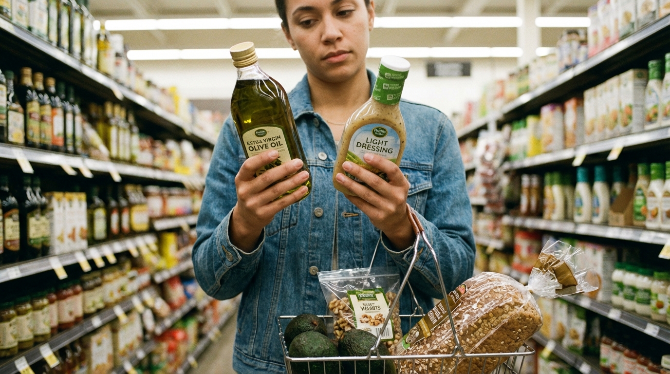 Shopper compares olive oil with a processed dressing in a grocery aisle.