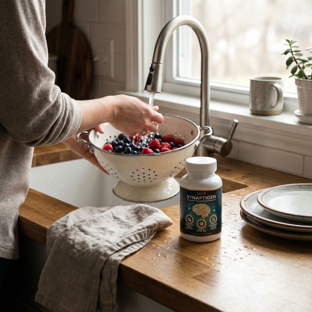 Synaptigen on a counter beside berries in soft morning light