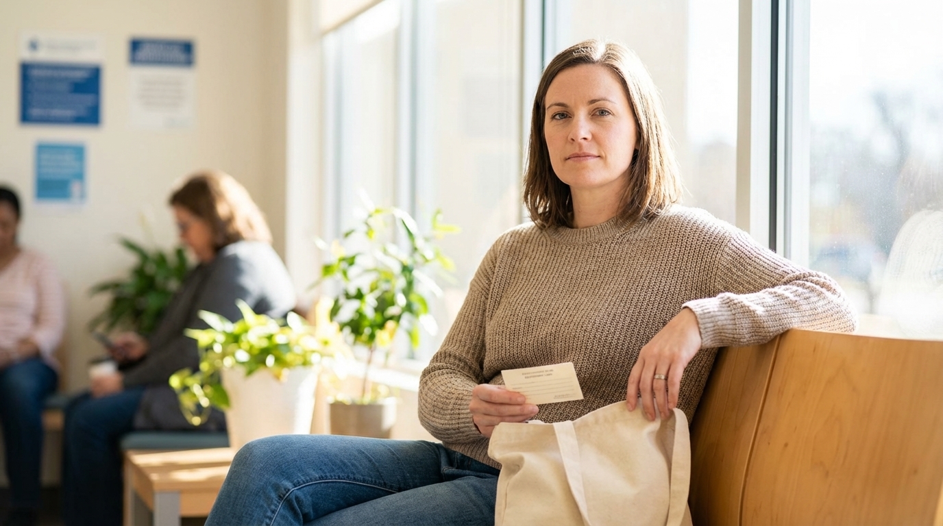 Woman in a clinic waiting area holding an appointment card