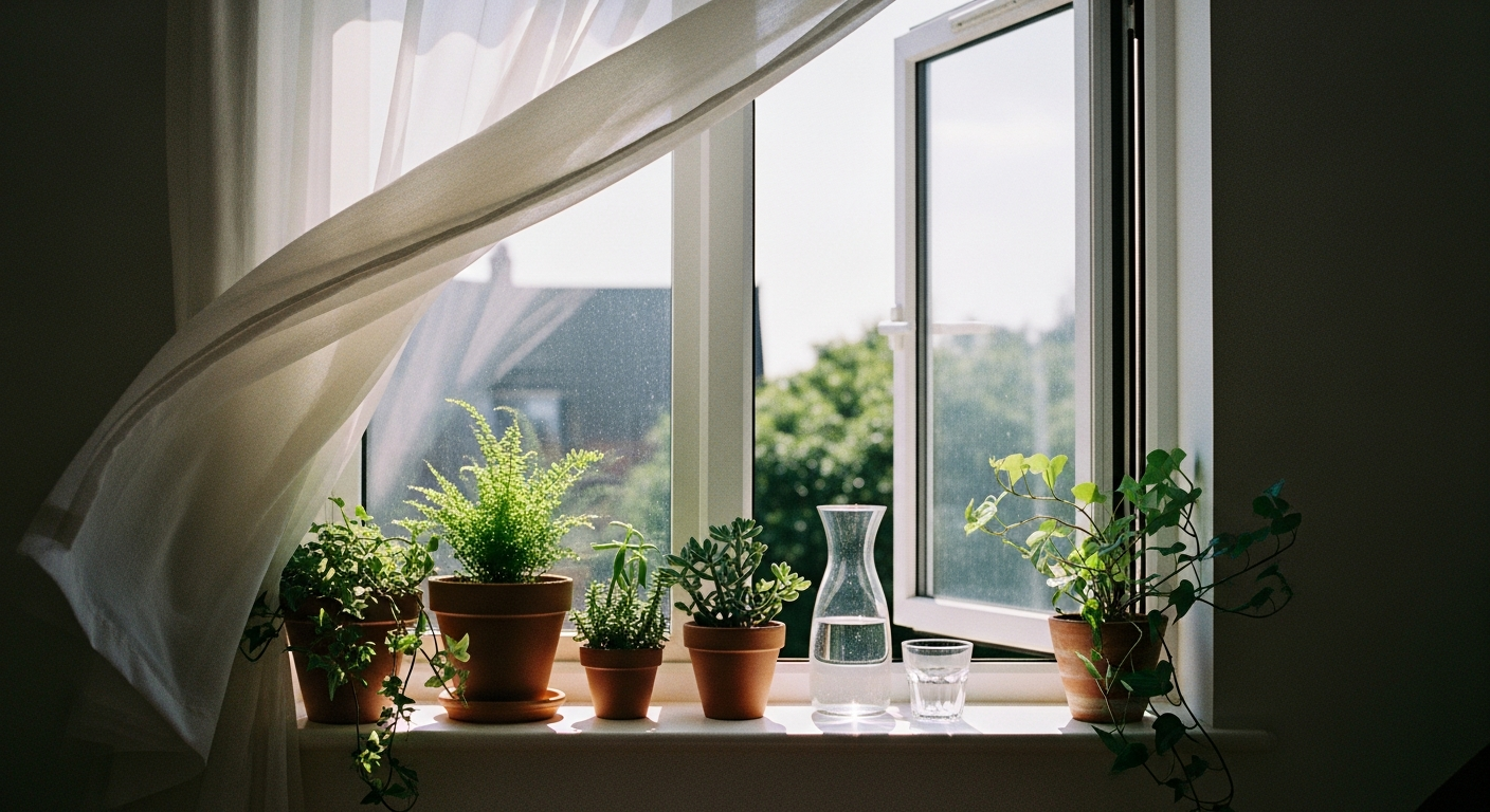 Sunlit open window with fresh air moving the curtain