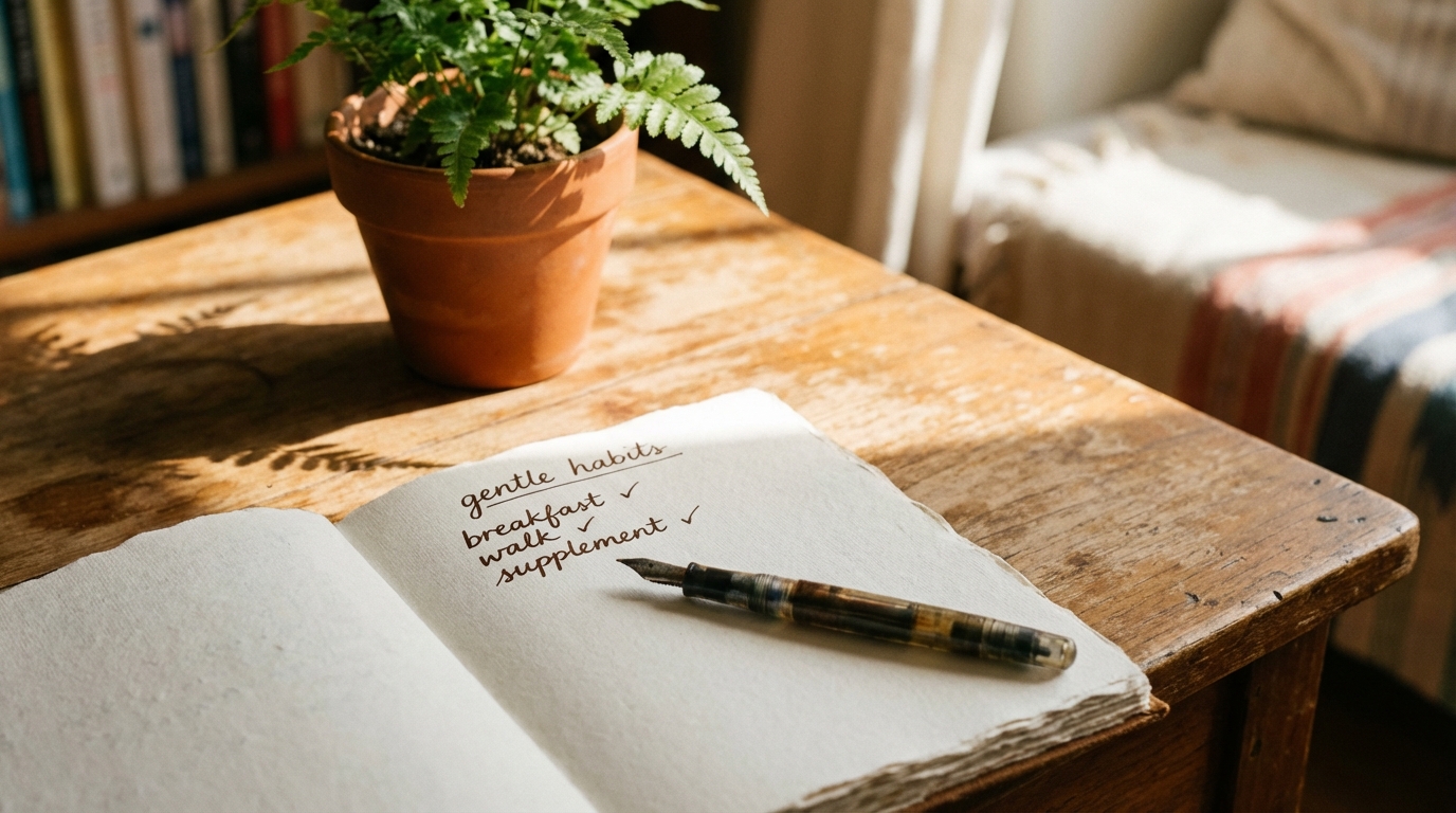 Open journal listing simple daily habits on a sunlit table.