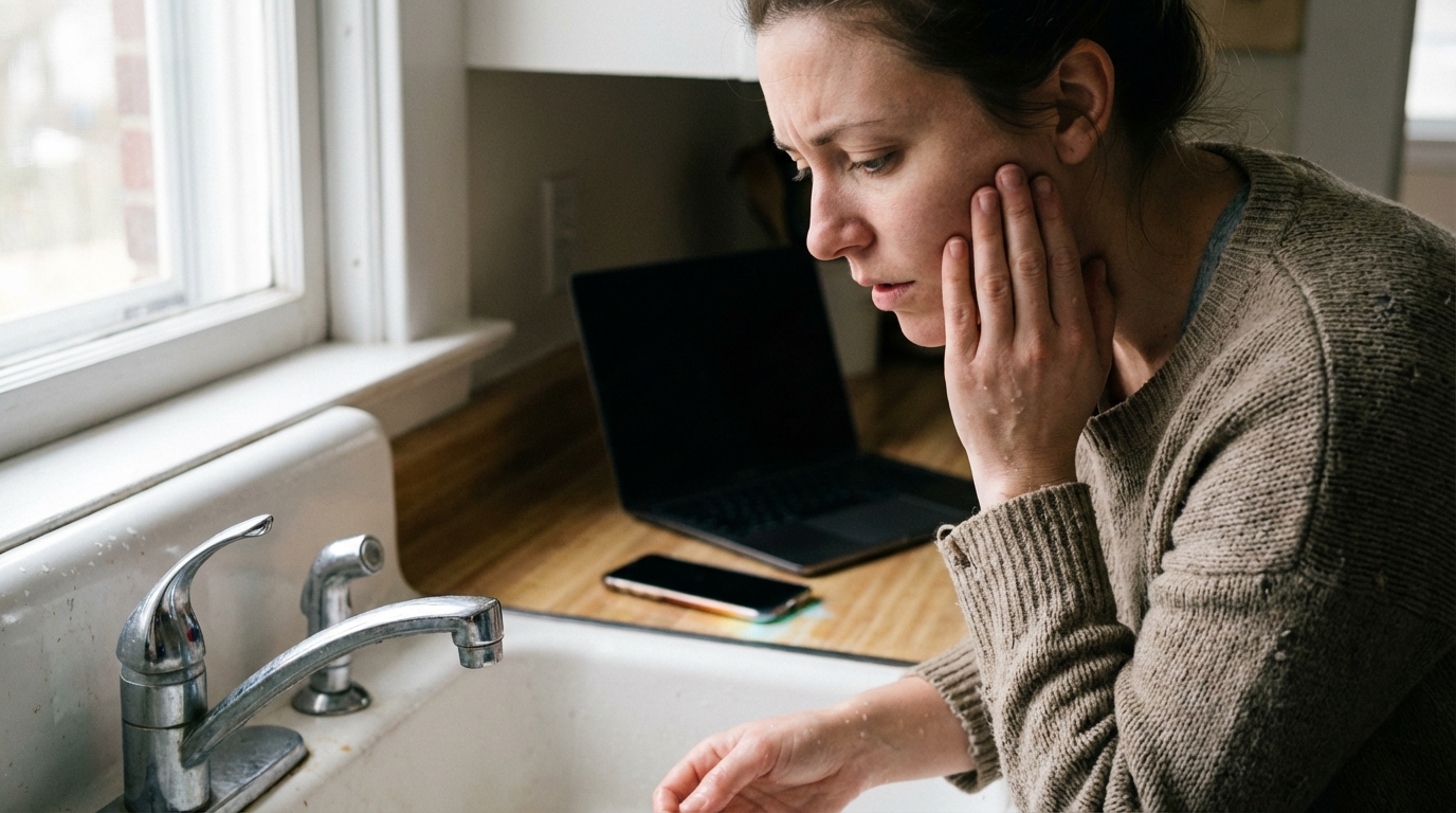 Woman noticing jaw tension in a quiet morning kitchen
