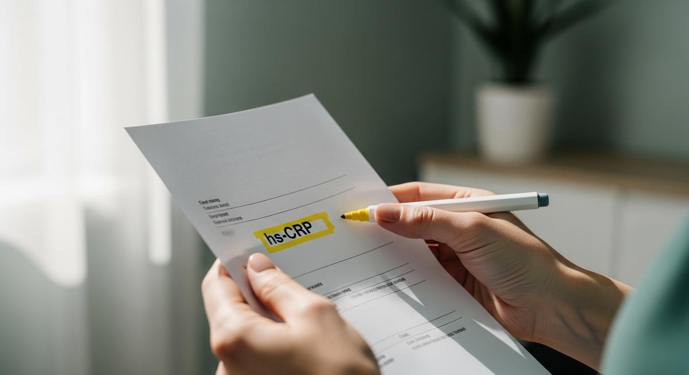 Hands reading a lab printout with hs-CRP visible