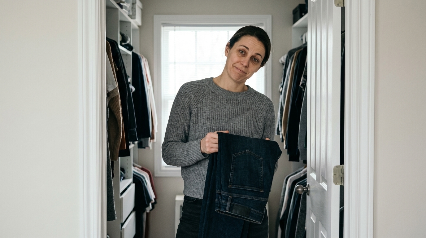 Woman holding jeans in closet doorway