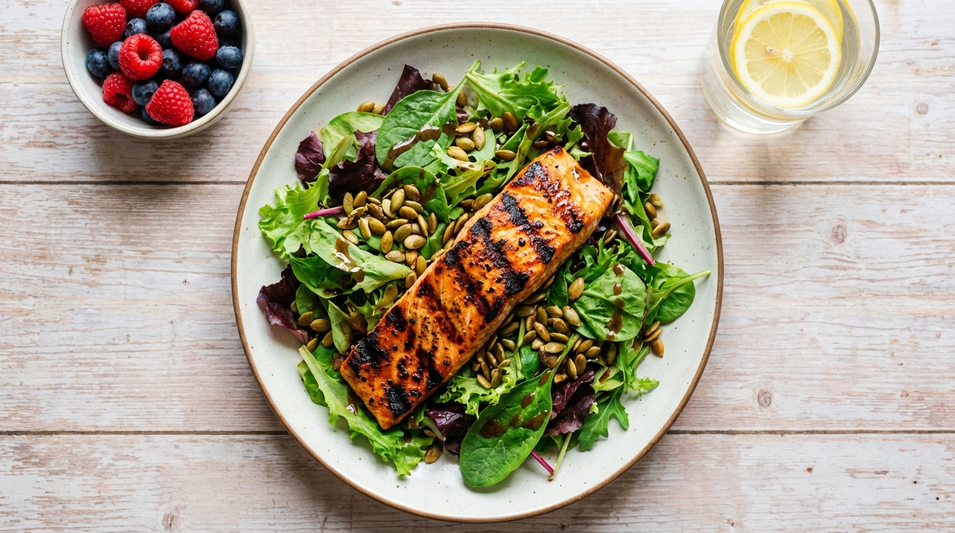 Colorful salad bowl with salmon, seeds, and greens in bright midday light.