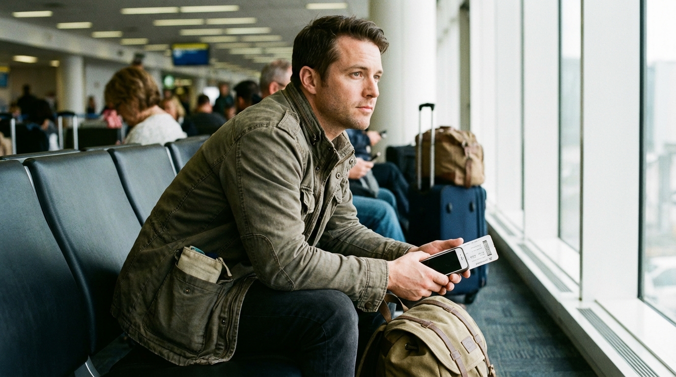 Man seated at airport gate with backpack looking calm and prepared