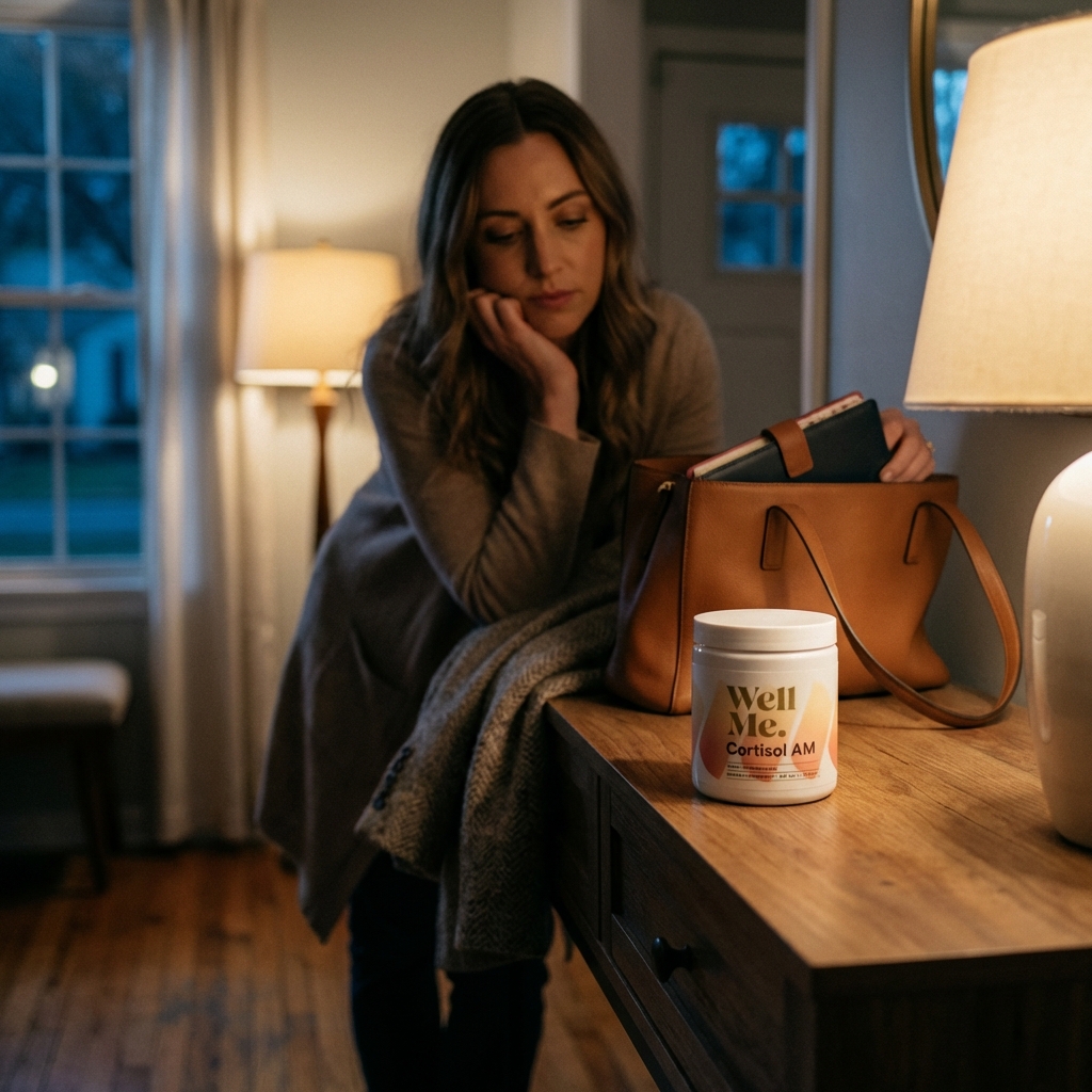 Cortisol AM bottle in entryway with bag and wind-down energy
