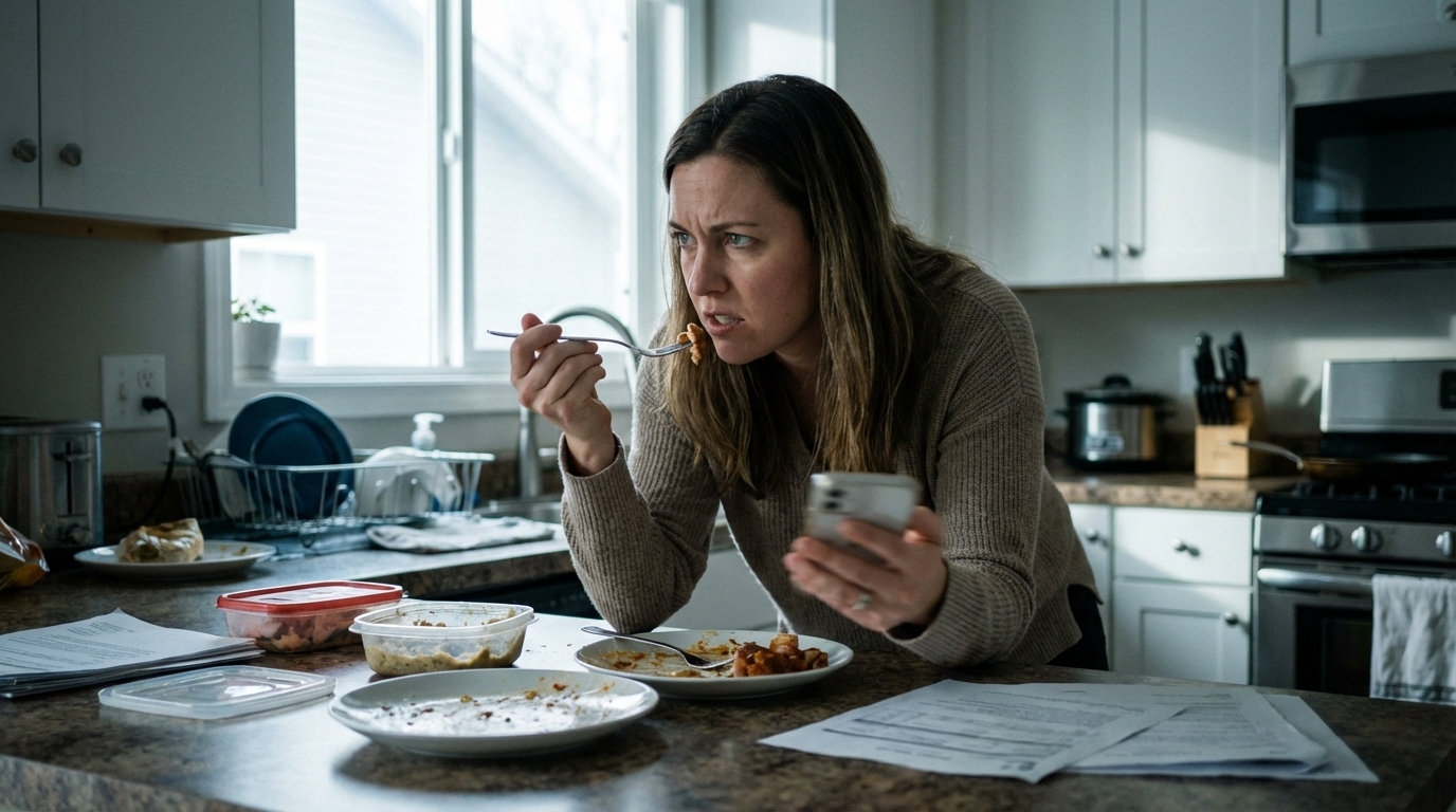 Woman hovering at counter eating while on phone