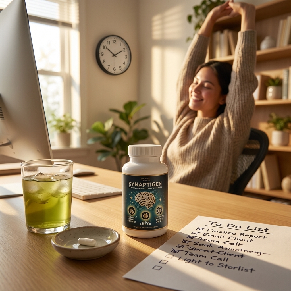 Synaptigen bottle with capsule and iced green tea on a calm afternoon desk.