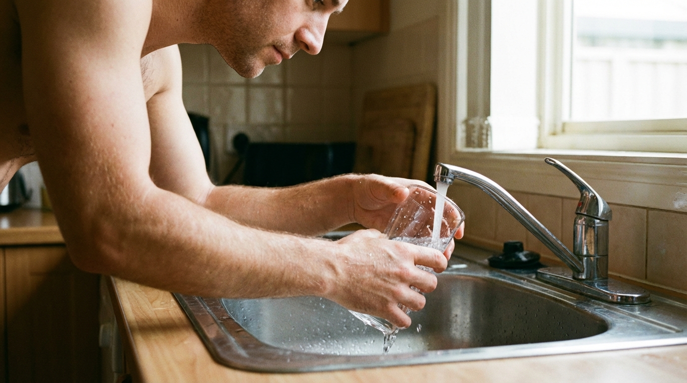 Man at sink rinsing a glass in calm daylight