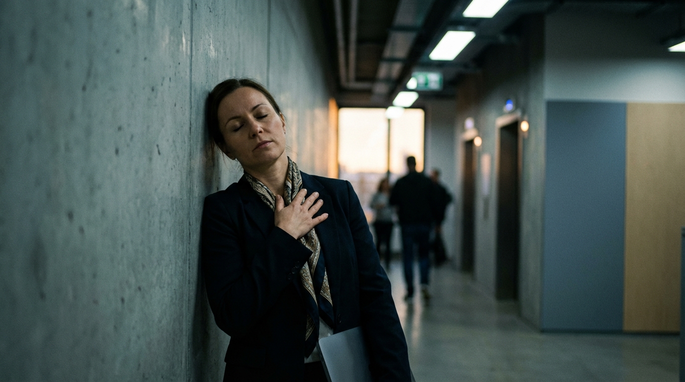 Woman pausing in an office hallway taking a slow breath