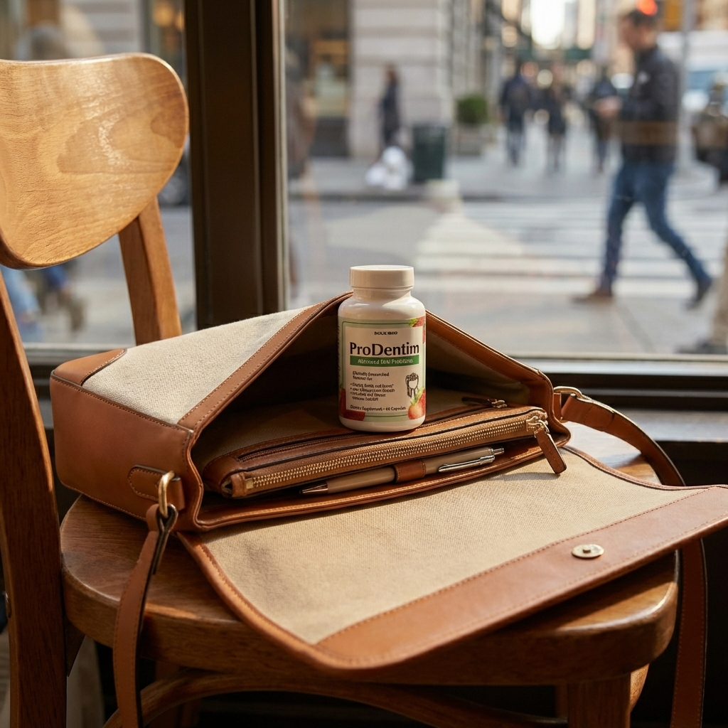 ProDentim bottle upright in an open bag near a café window