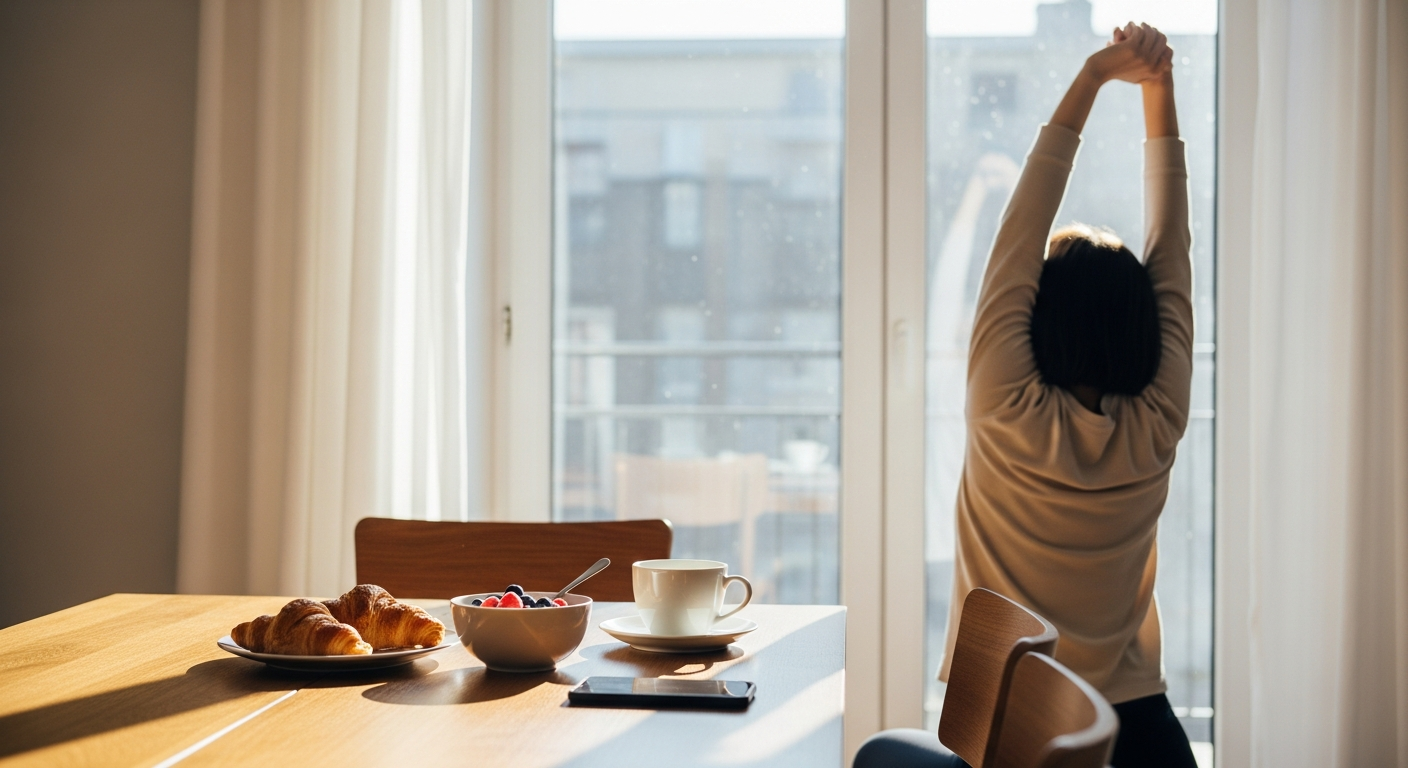 Morning stretch in soft window light