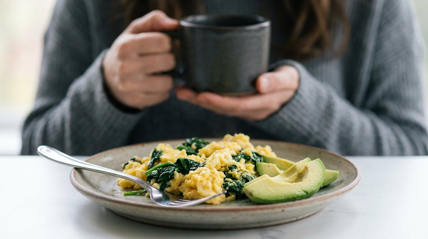 Simple breakfast of eggs, greens, and avocado in soft morning light.