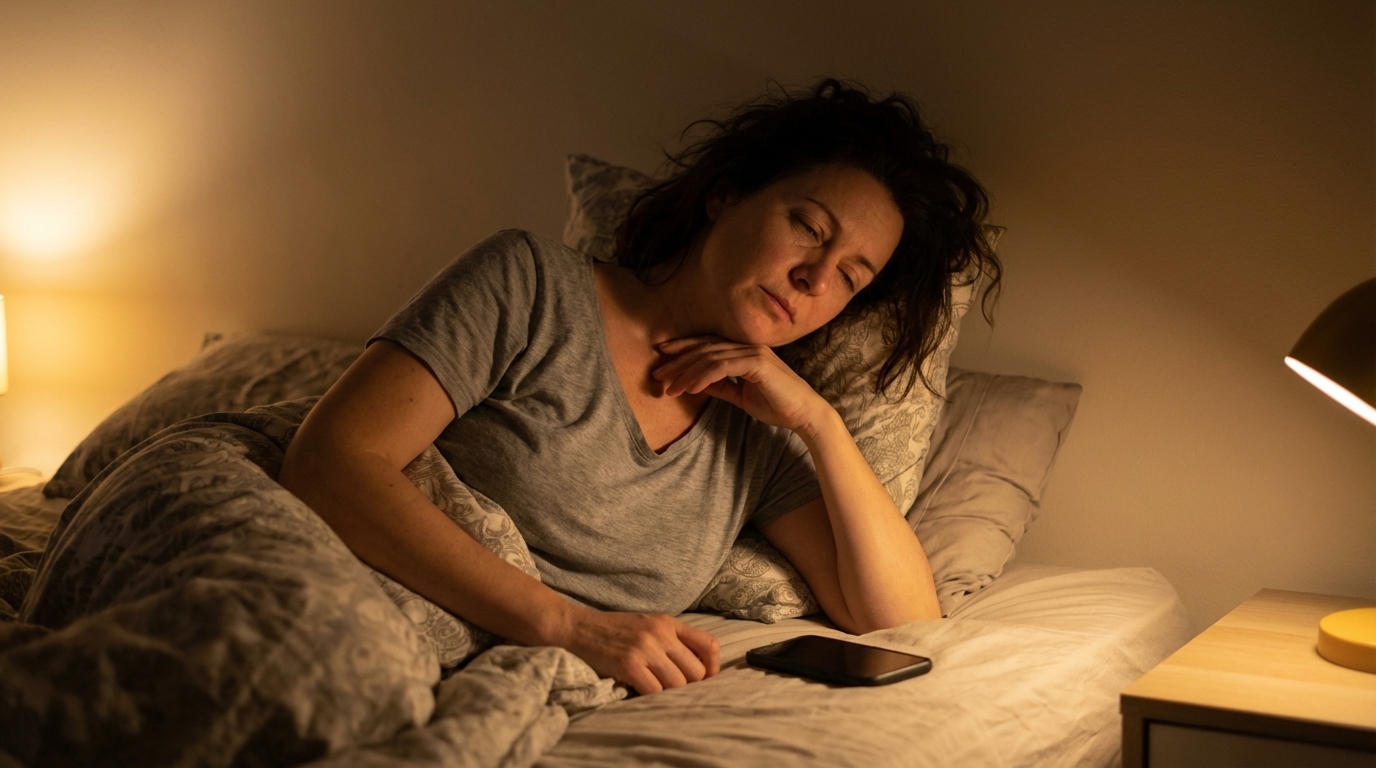 Woman sitting up in bed looking tired