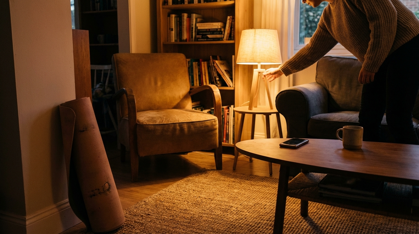 Person dimming a lamp in a calm evening room with phone face-down