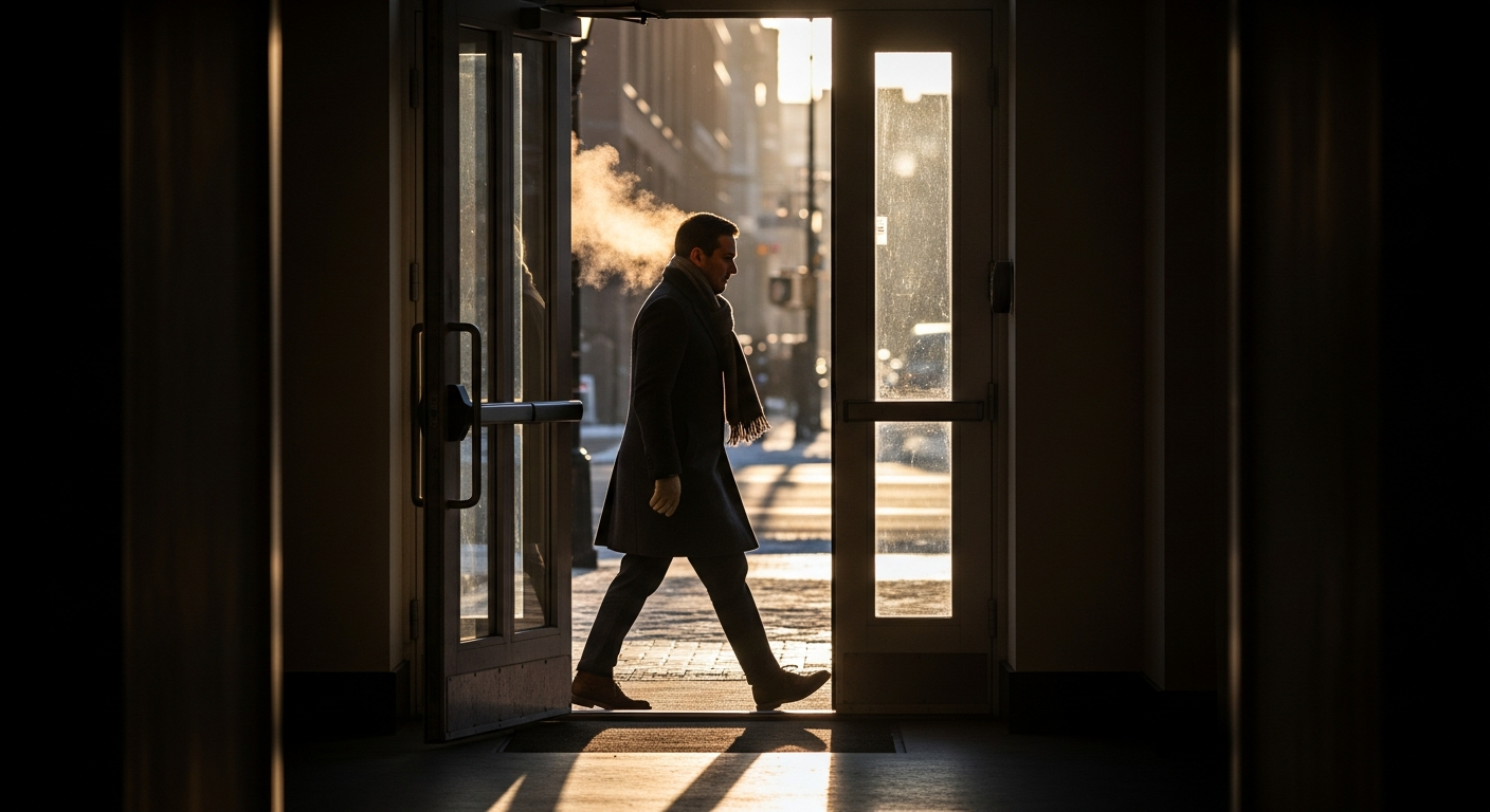 Person stepping into cold morning light with a calm, focused posture