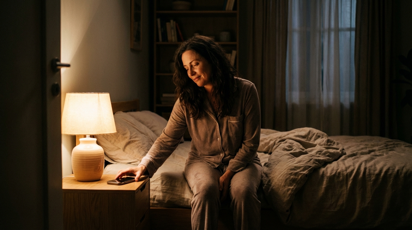 Woman winding down in bedroom under warm light