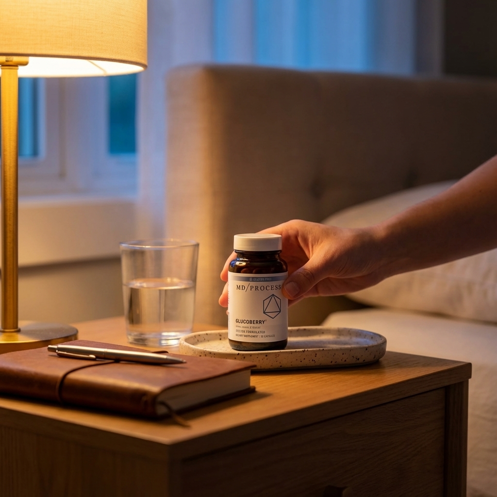 Hands placing a GlucoBerry bottle and marking a shared daily reminder on a kitchen calendar
