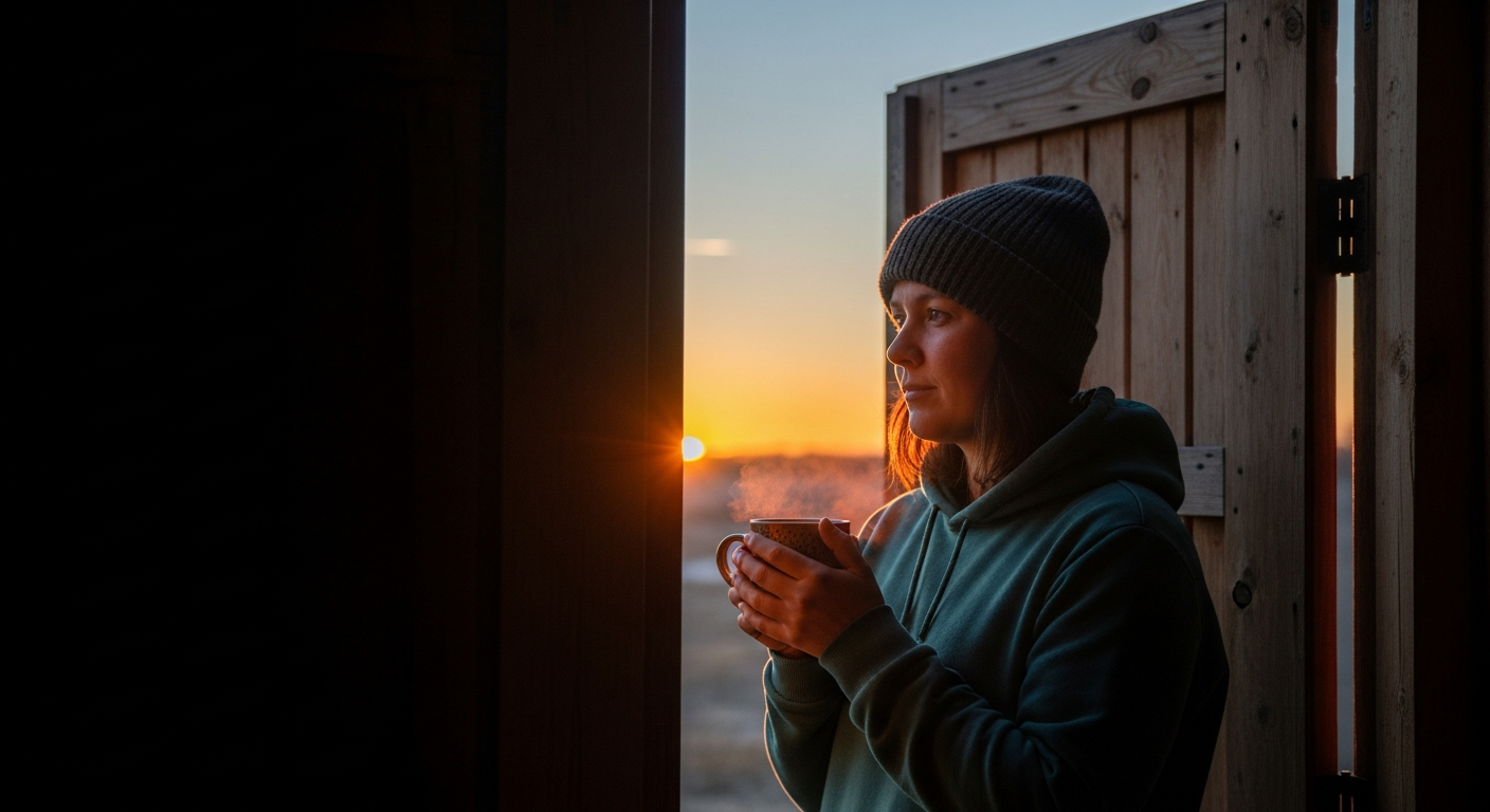 Stepping into first light with a warm mug