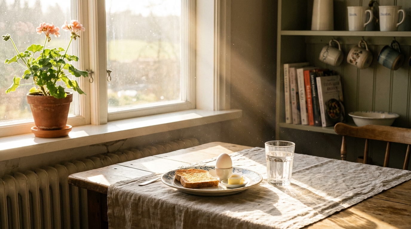Morning sunlight on kitchen table with simple breakfast