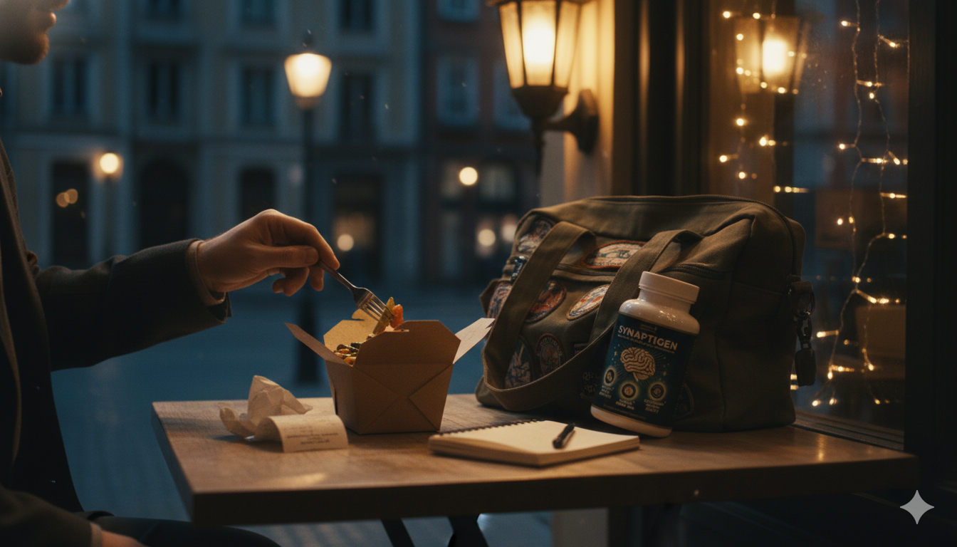 Takeout dinner with veggies on a small table and a subtle brain supplement in a tote pocket.