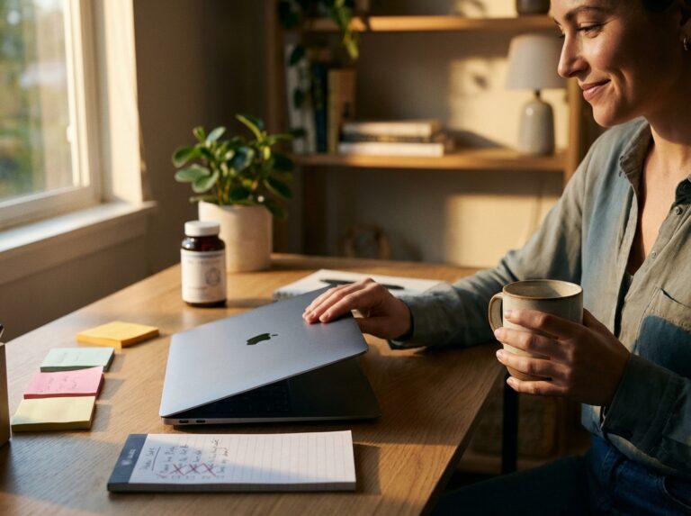 Person closing a laptop with a calm smile as afternoon light fills a tidy home workspace