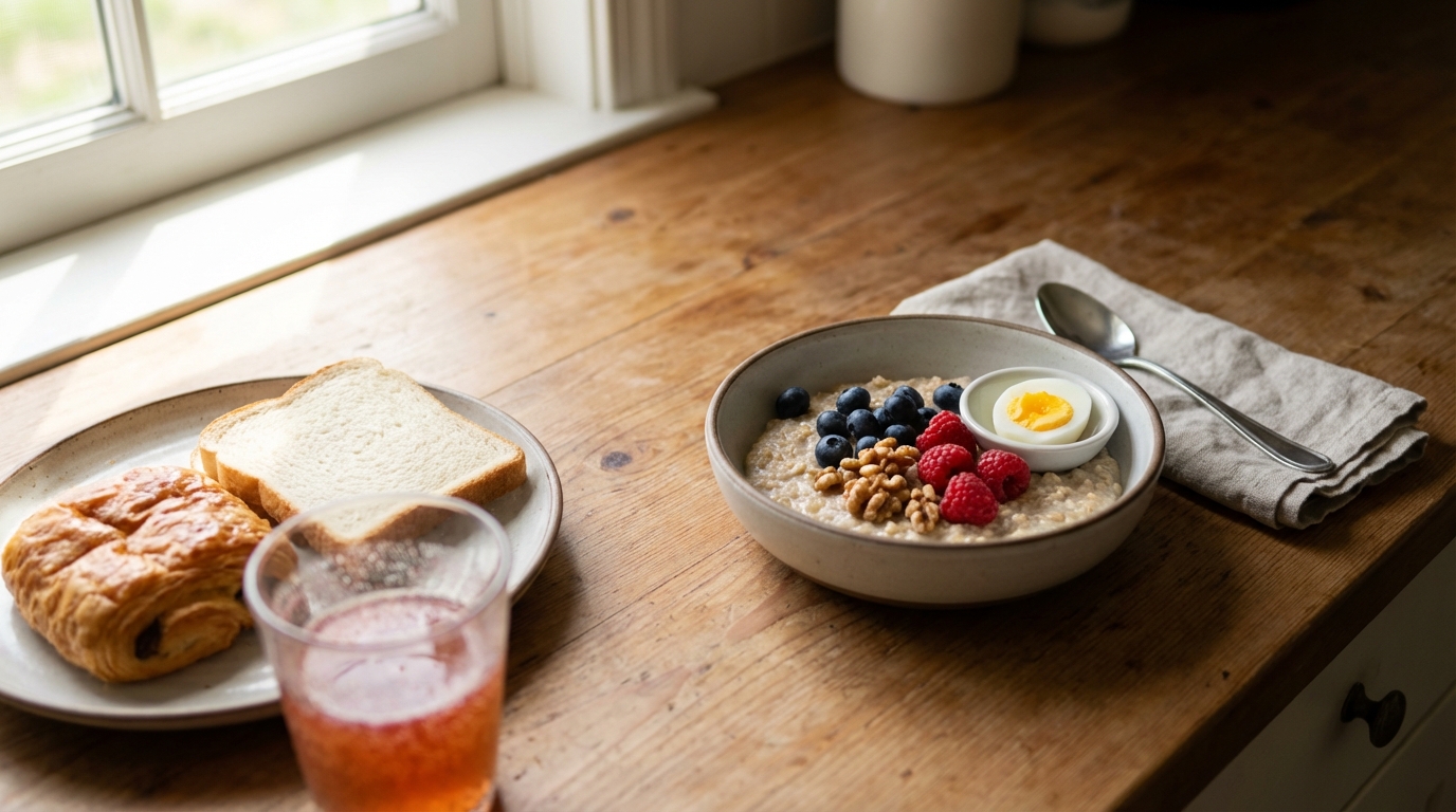 Kitchen counter showing sugary snacks beside a more balanced breakfast with oats, berries, and an egg