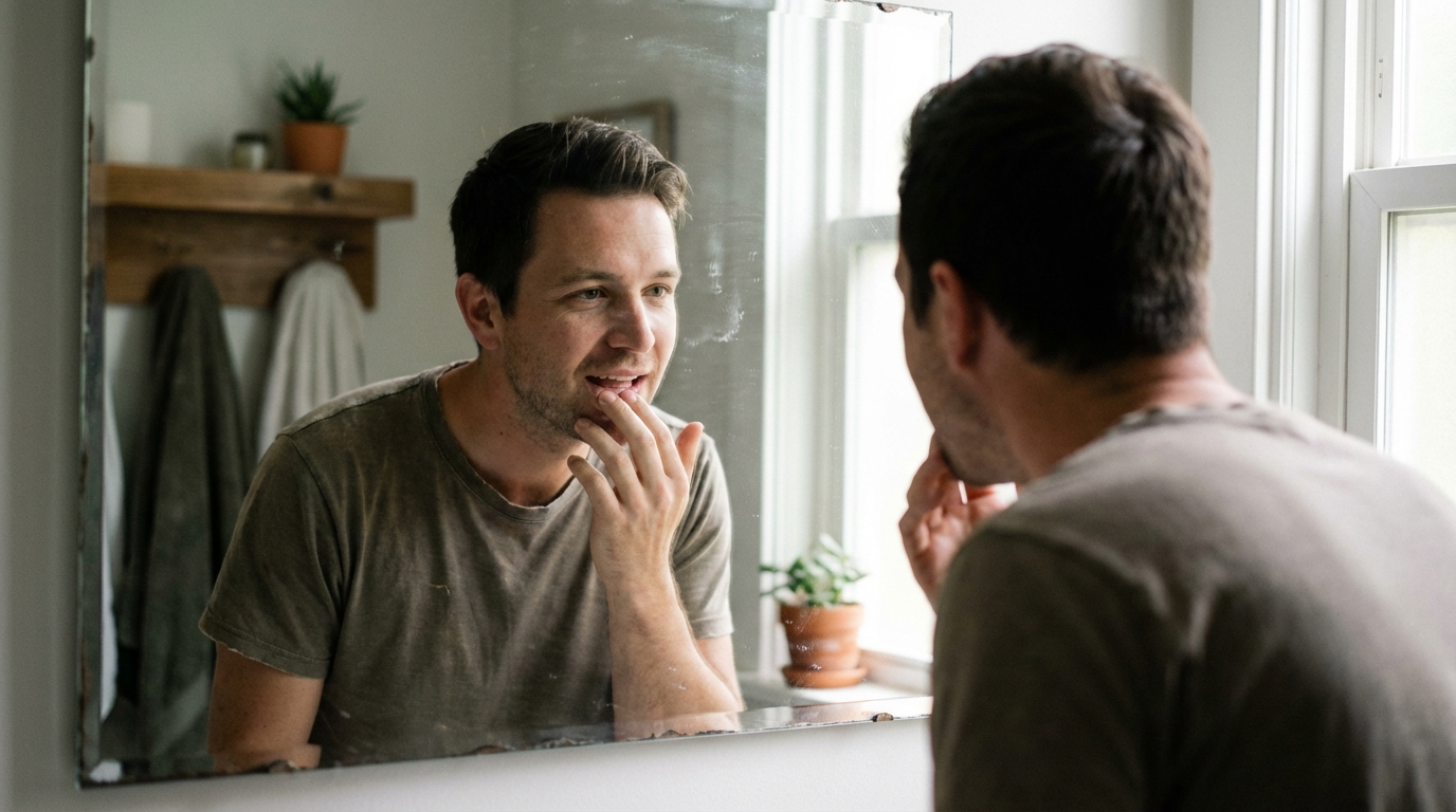 Man calmly looking in mirror in soft morning light