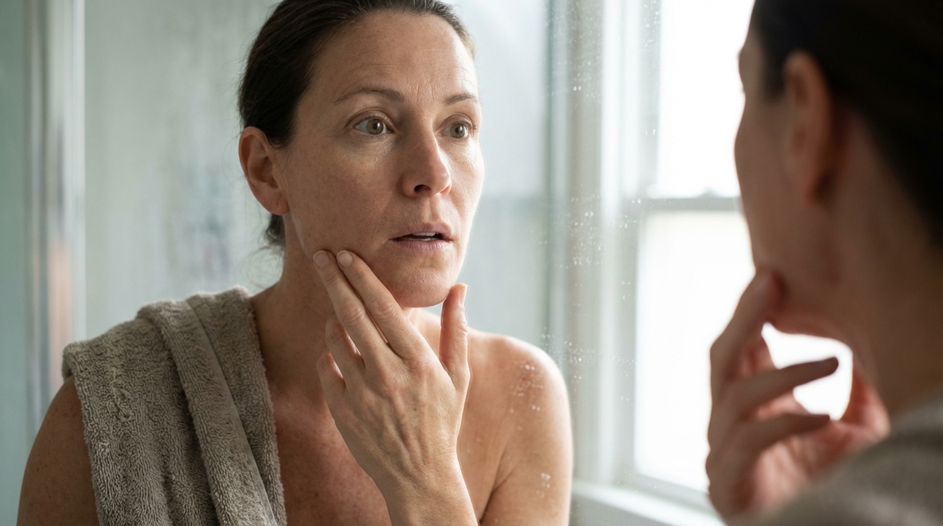 Woman touching her jaw while looking in the bathroom mirror