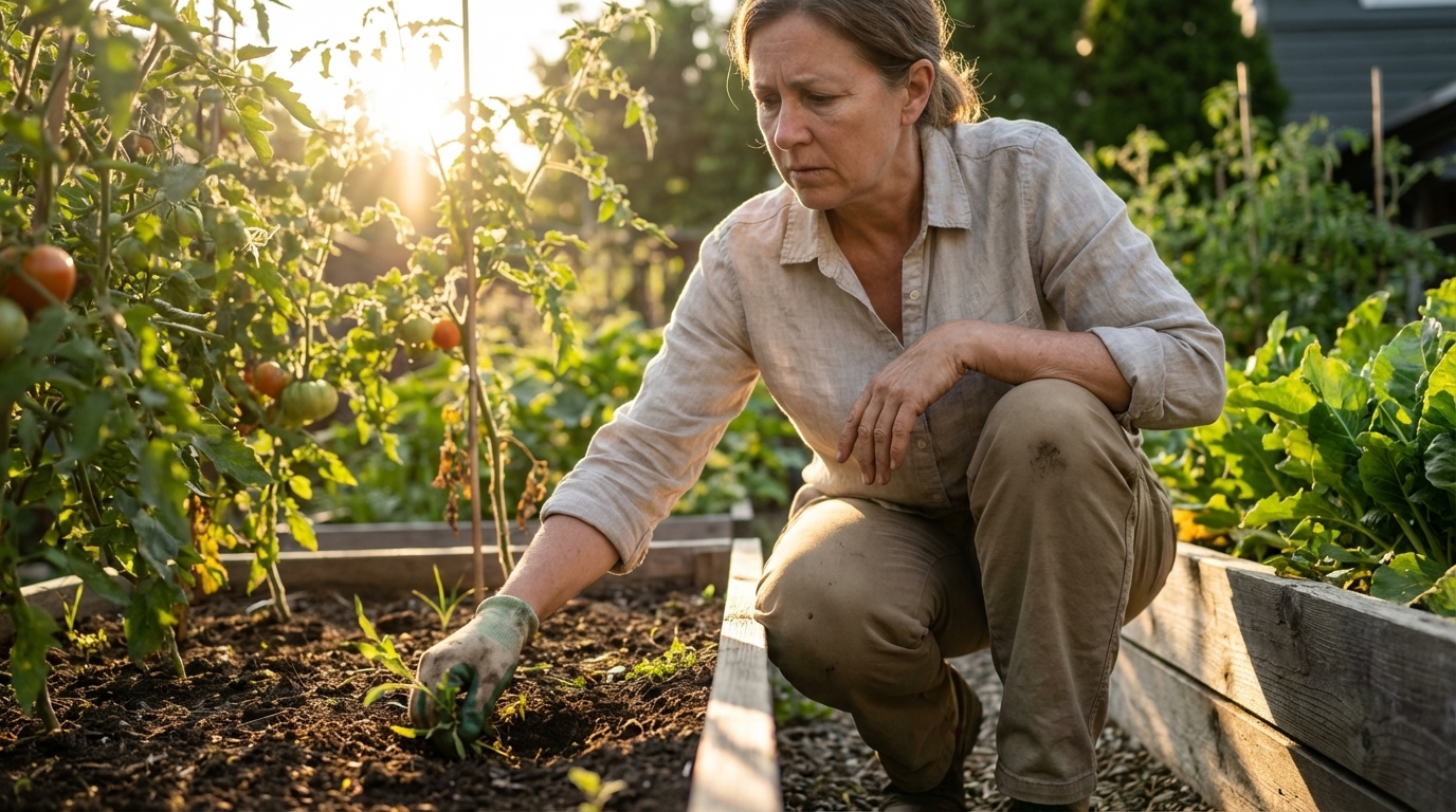 A woman crouches in a garden, pausing with a thoughtful look