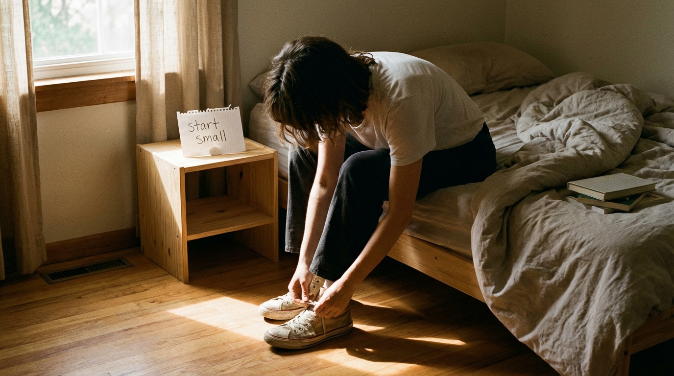 Person tying shoes slowly in gentle morning light