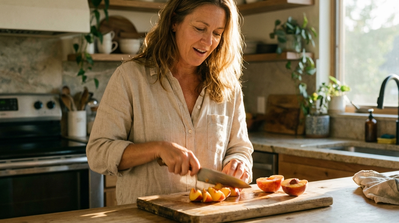 Woman preparing a small snack in warm kitchen light