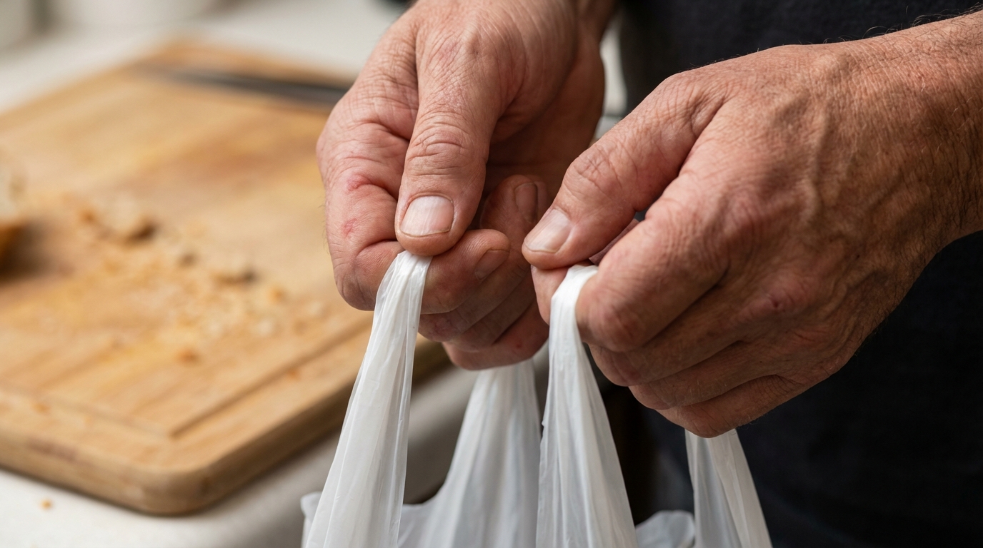 Close-up of hands with grocery handle marks in kitchen light