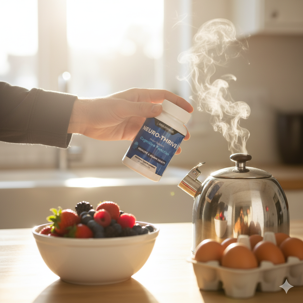 Handing the Neuro-Thrive bottle across a sunlit kitchen counter