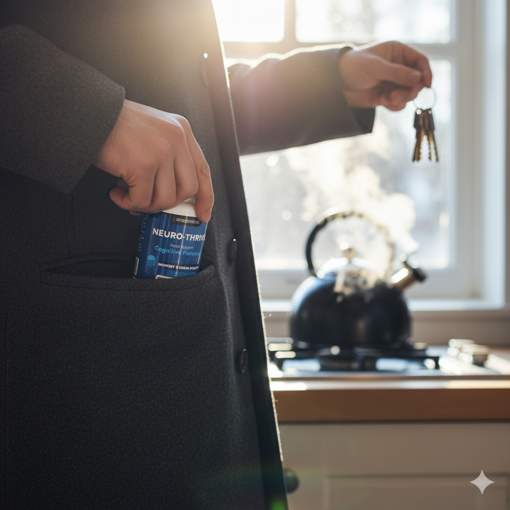 Hand tucking a Neuro-Thrive bottle into a coat pocket in bright morning light