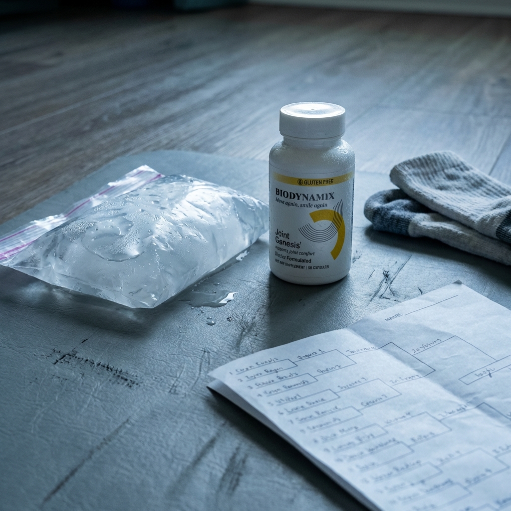 Joint Genesis bottle on gym mat beside melting ice pack and tournament papers