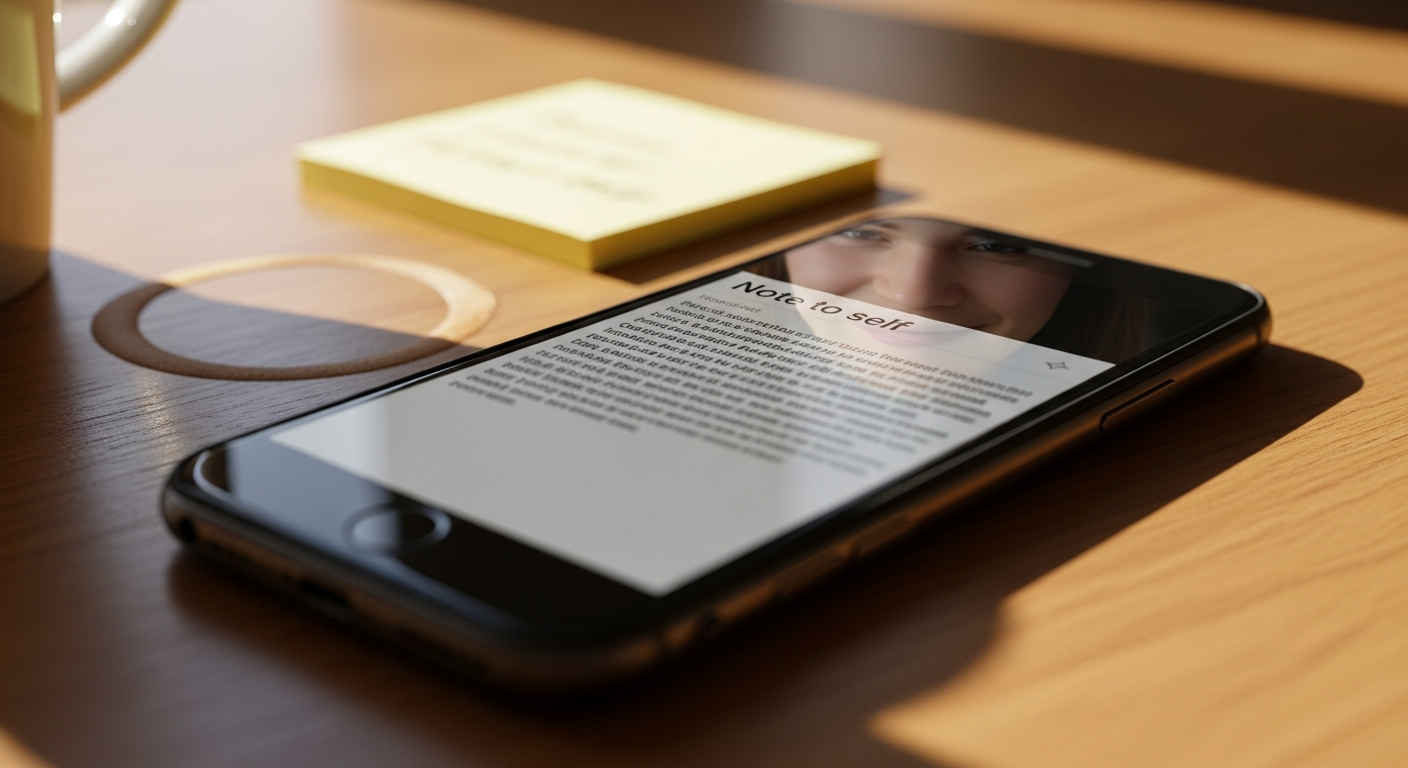 Softly lit phone with a playful email draft and a knowing smile reflection