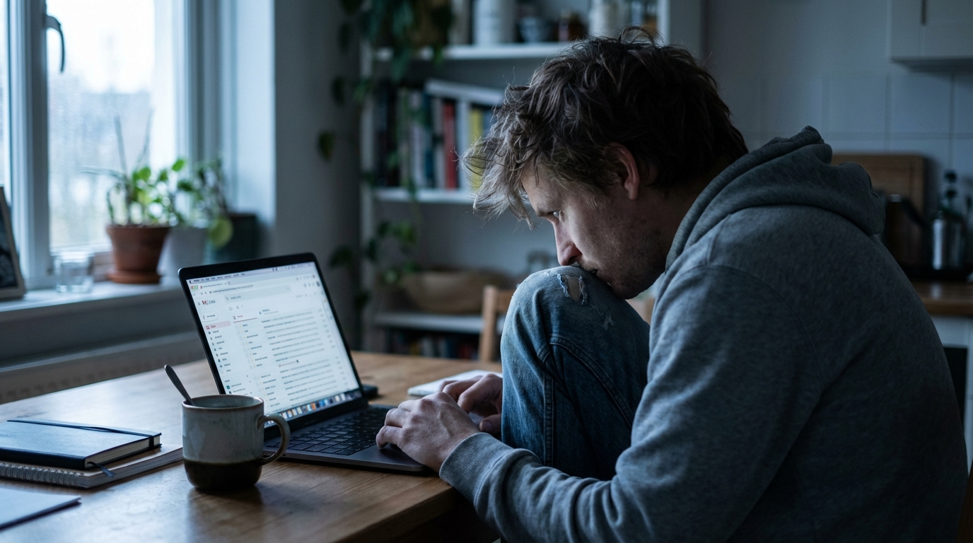 Tired person working over coffee with no breakfast in a dim morning kitchen.
